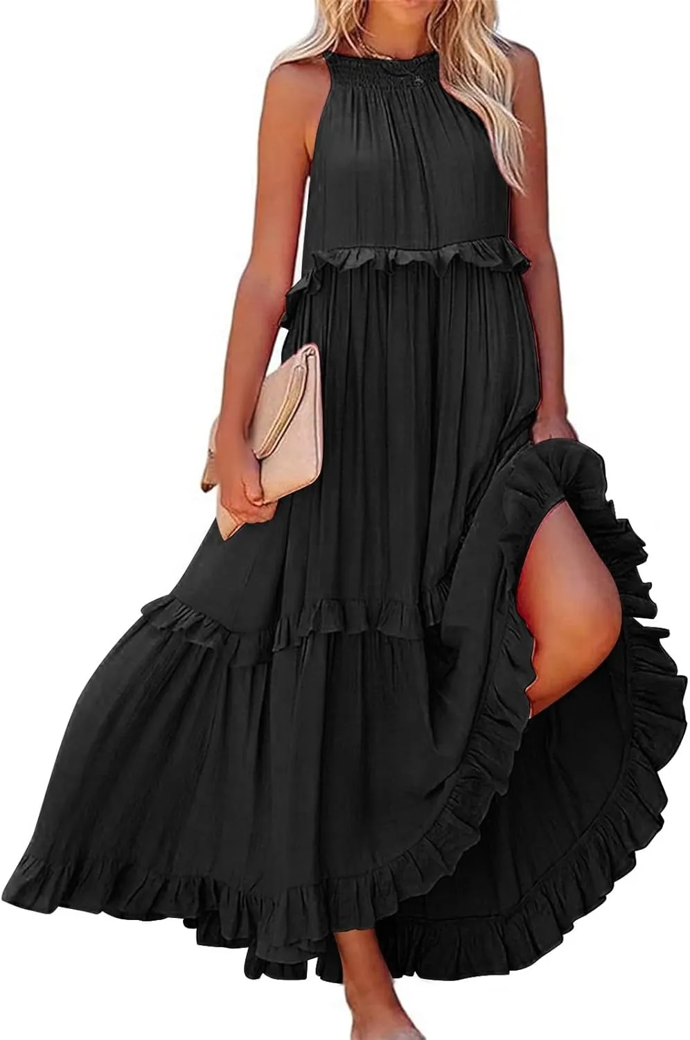 Women's Summer Sleeveless Halter Neck Ruffle Tiered Layed Chiffon Flowy Swing Long Midi Dress Ruffles Casual Boho Maxi Dress