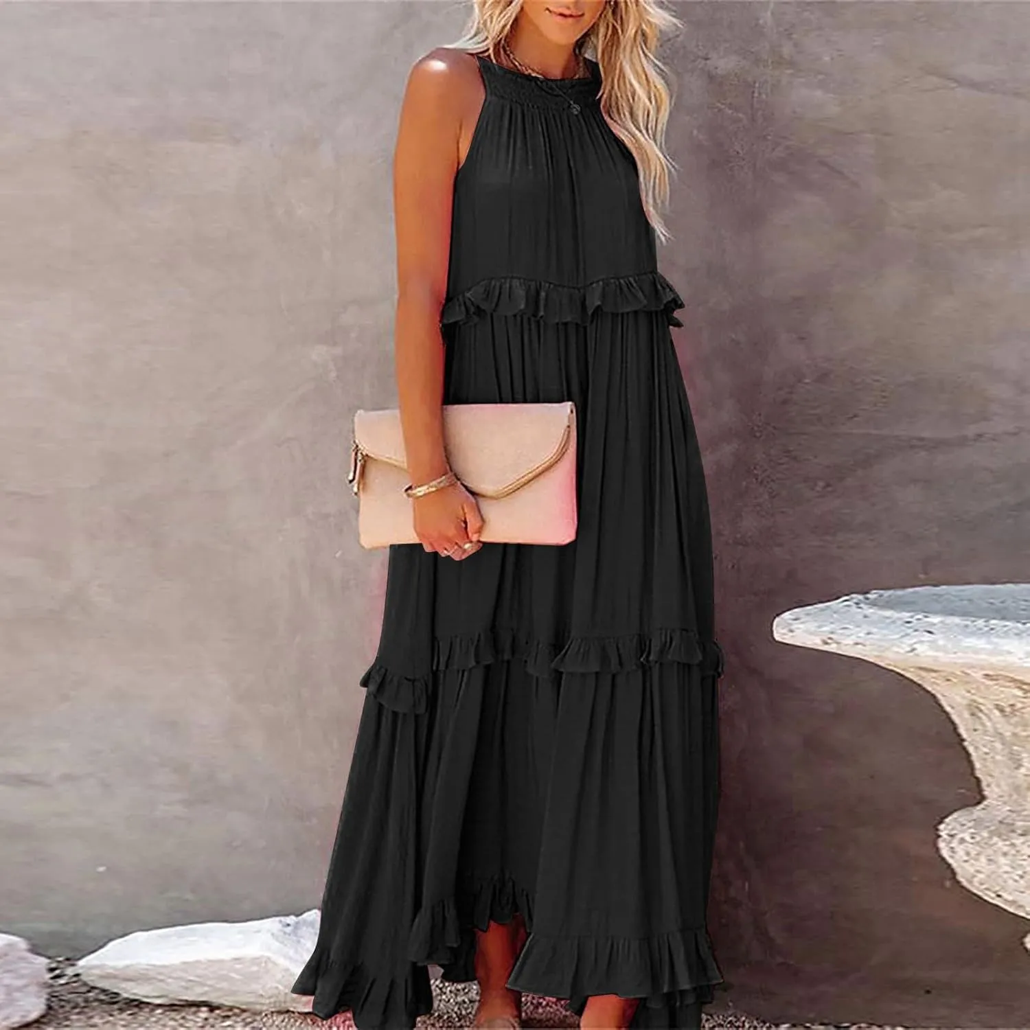 Women's Summer Sleeveless Halter Neck Ruffle Tiered Layed Chiffon Flowy Swing Long Midi Dress Ruffles Casual Boho Maxi Dress