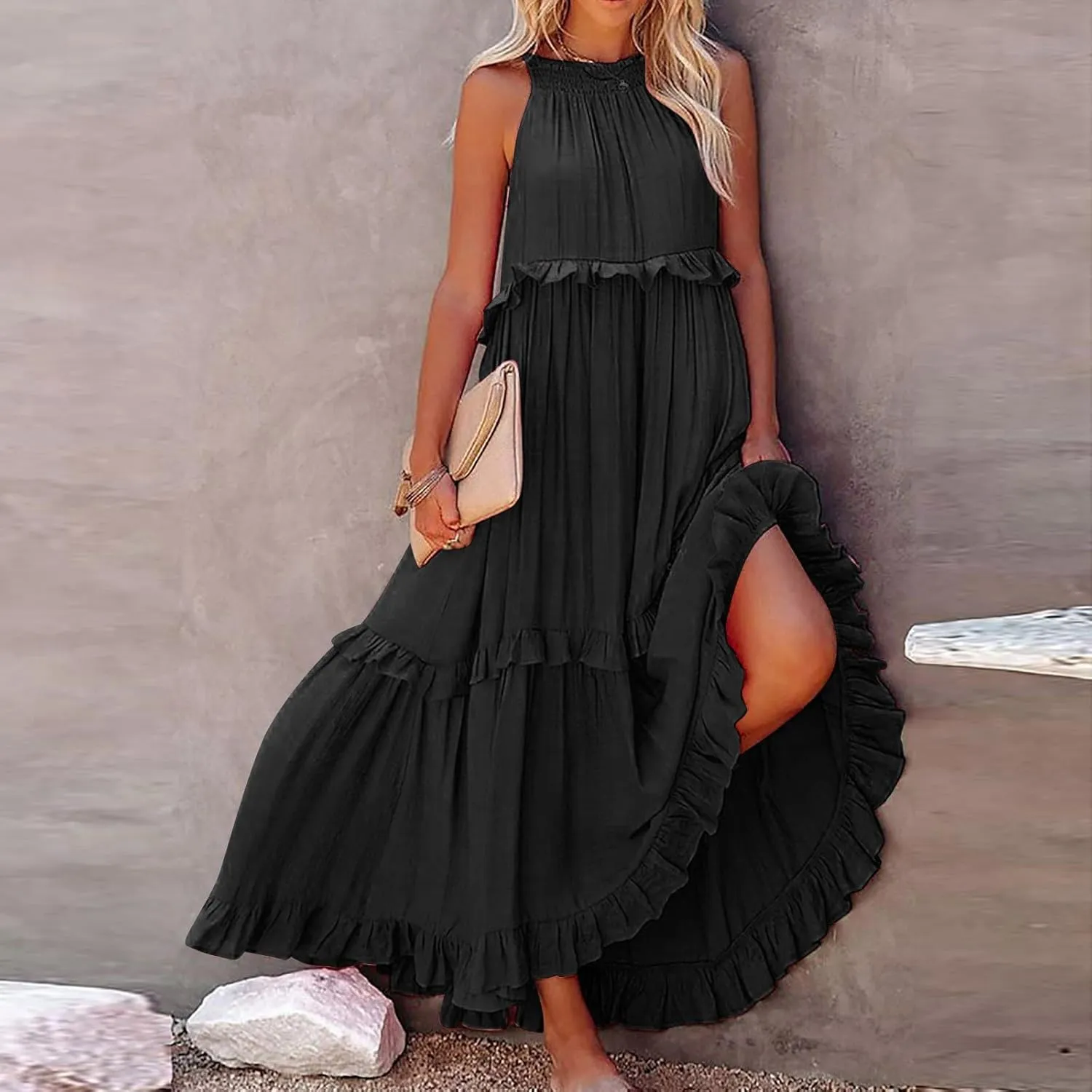 Women's Summer Sleeveless Halter Neck Ruffle Tiered Layed Chiffon Flowy Swing Long Midi Dress Ruffles Casual Boho Maxi Dress