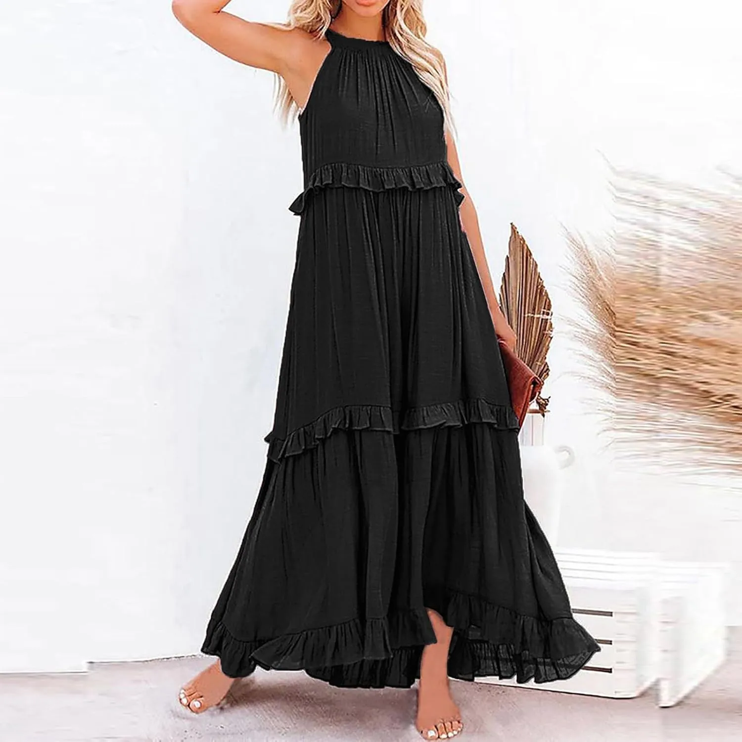 Women's Summer Sleeveless Halter Neck Ruffle Tiered Layed Chiffon Flowy Swing Long Midi Dress Ruffles Casual Boho Maxi Dress