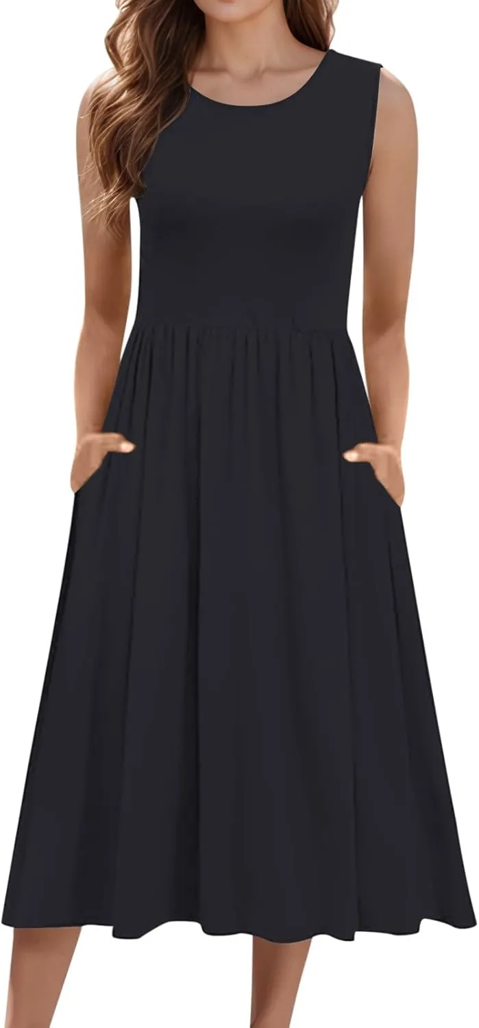 Women's Summer Sleeveless Midi Sundress Swing Casual Flowy Tiered Shirts Dress Beach Travel Vacation Outfits with Pockets