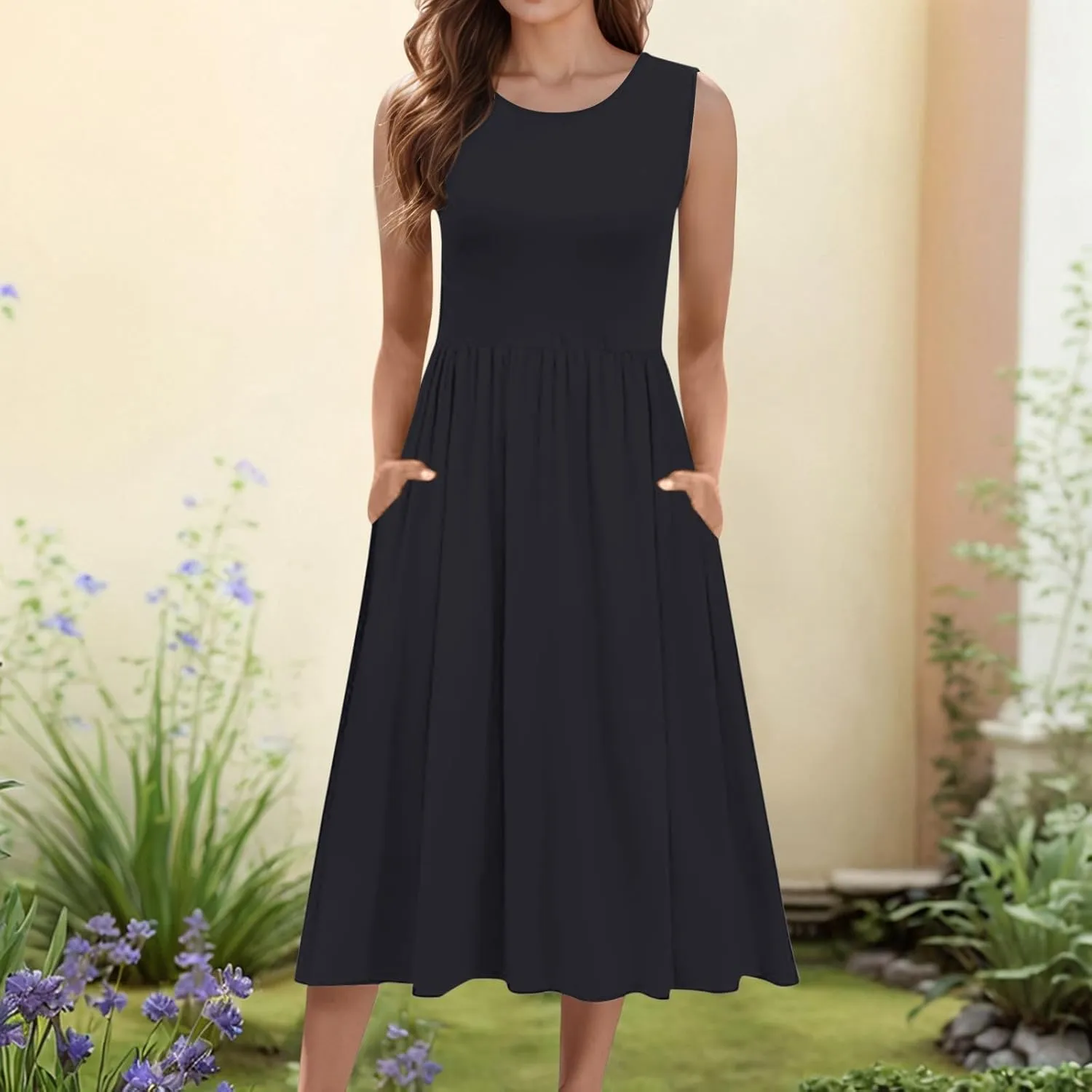 Women's Summer Sleeveless Midi Sundress Swing Casual Flowy Tiered Shirts Dress Beach Travel Vacation Outfits with Pockets