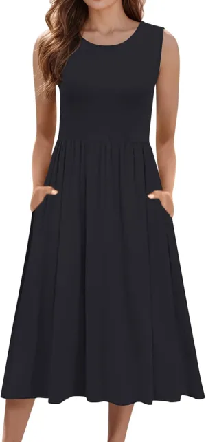 Women's Summer Sleeveless Midi Sundress Swing Casual Flowy Tiered Shirts Dress Beach Travel Vacation Outfits with Pockets