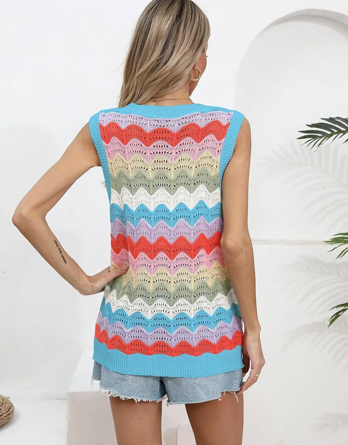 Women's Summer Striped Tank Top And Sleeveless Rainbow Knit Sweater Vest  Perfect for Everyday Style