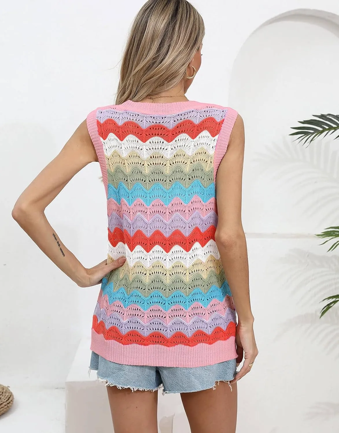 Women's Summer Striped Tank Top And Sleeveless Rainbow Knit Sweater Vest  Perfect for Everyday Style
