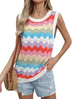 Women's Summer Striped Tank Top And Sleeveless Rainbow Knit Sweater Vest  Perfect for Everyday Style