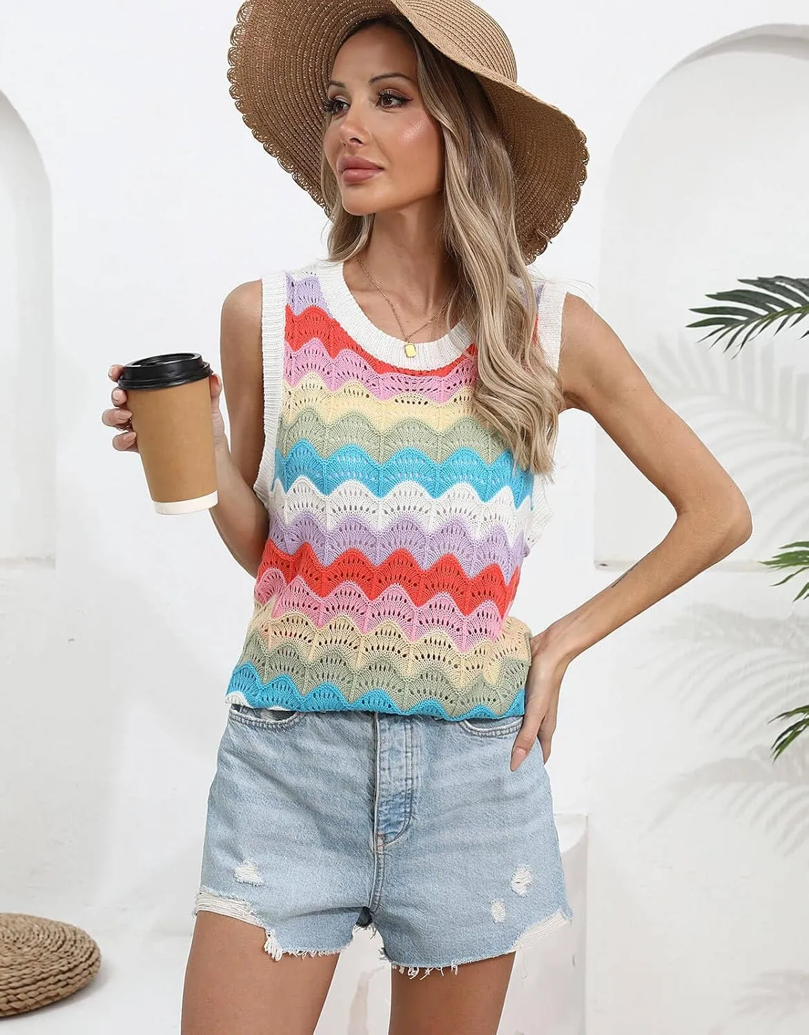 Women's Summer Striped Tank Top And Sleeveless Rainbow Knit Sweater Vest  Perfect for Everyday Style