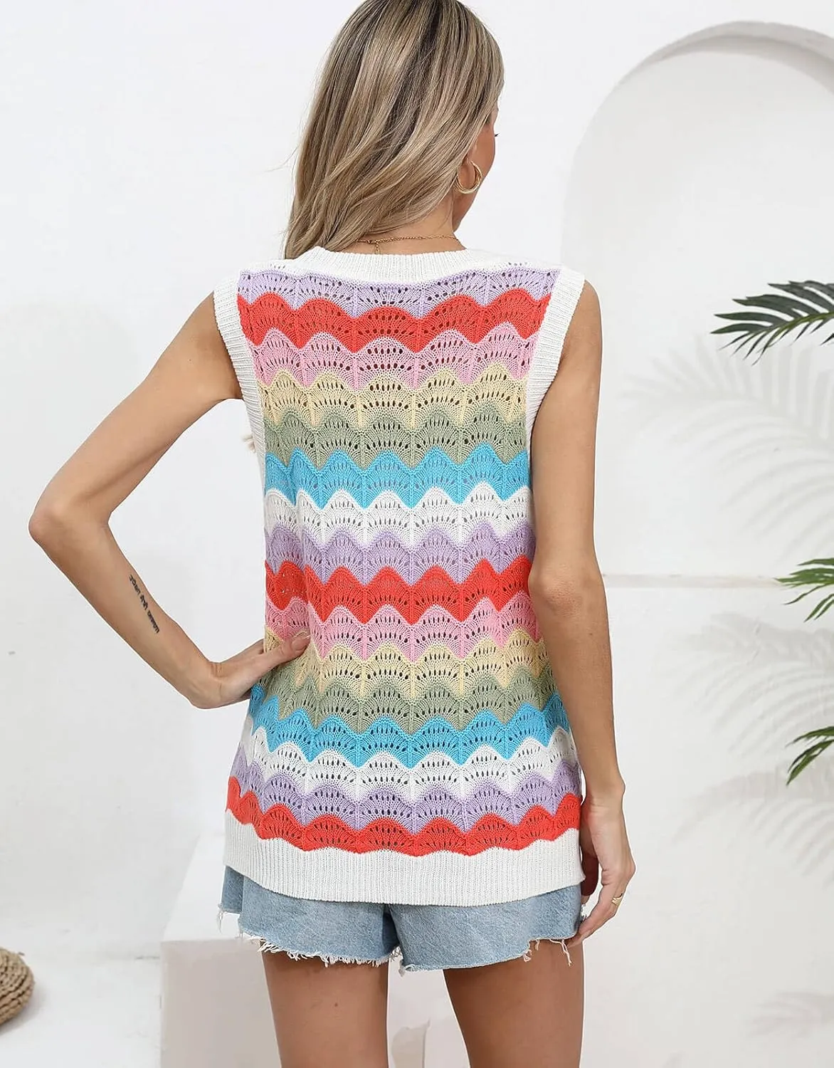 Women's Summer Striped Tank Top And Sleeveless Rainbow Knit Sweater Vest  Perfect for Everyday Style