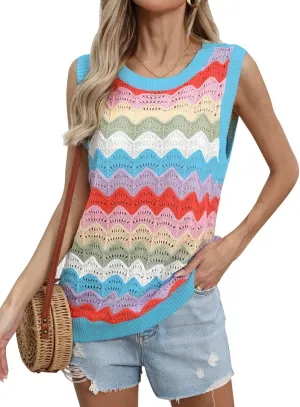 Women's Summer Striped Tank Top And Sleeveless Rainbow Knit Sweater Vest  Perfect for Everyday Style