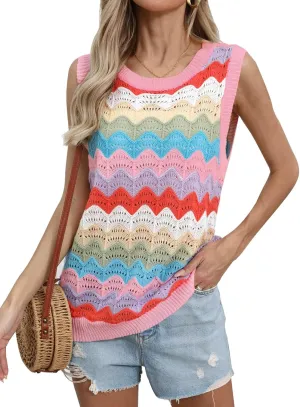 Women's Summer Striped Tank Top And Sleeveless Rainbow Knit Sweater Vest  Perfect for Everyday Style