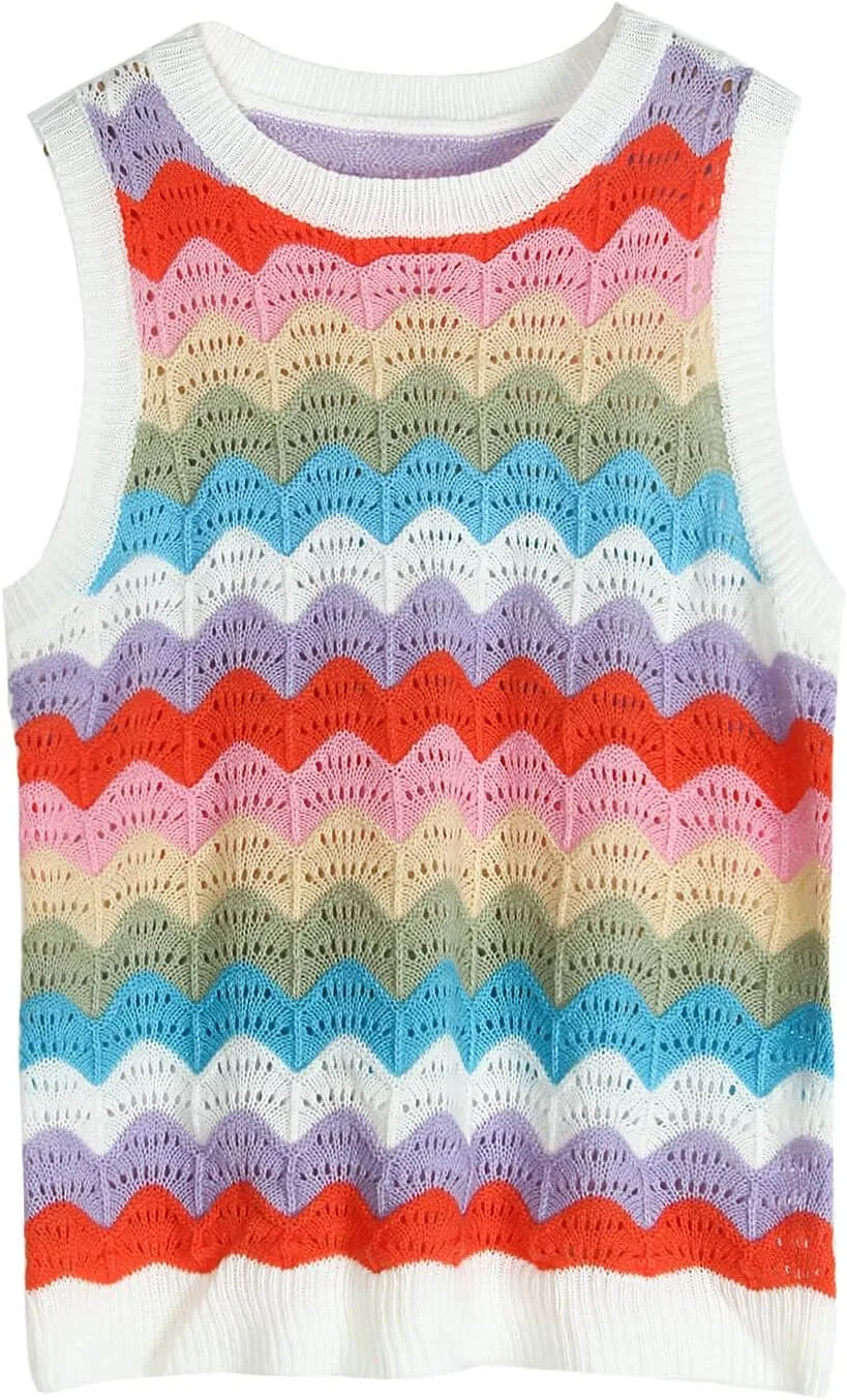 Women's Summer Striped Tank Top And Sleeveless Rainbow Knit Sweater Vest  Perfect for Everyday Style