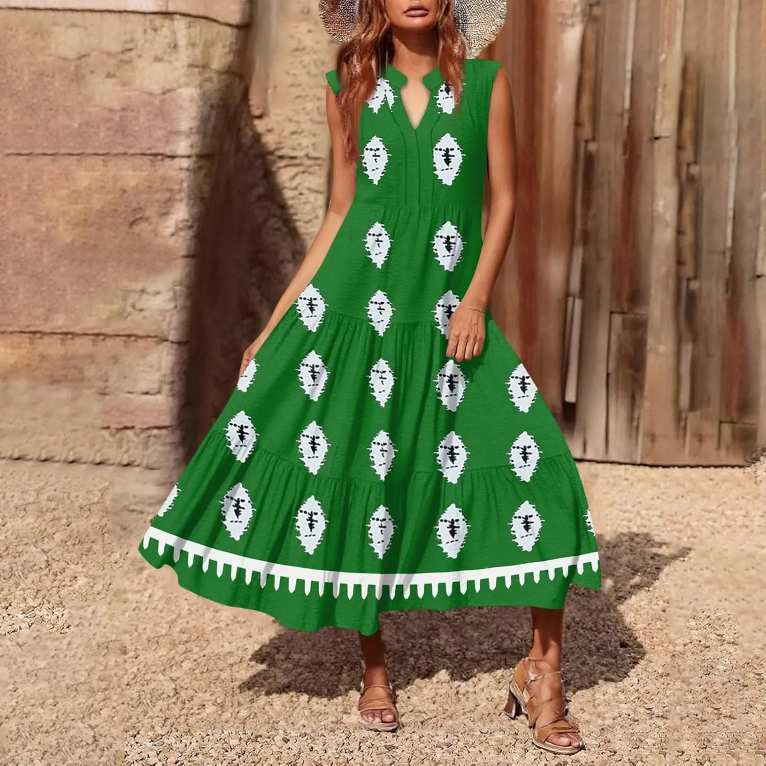 Womens Summer V Neck Sleeveless Beach Vacation Maxi Dresses Casual Layering Pleated Print Boho Dress