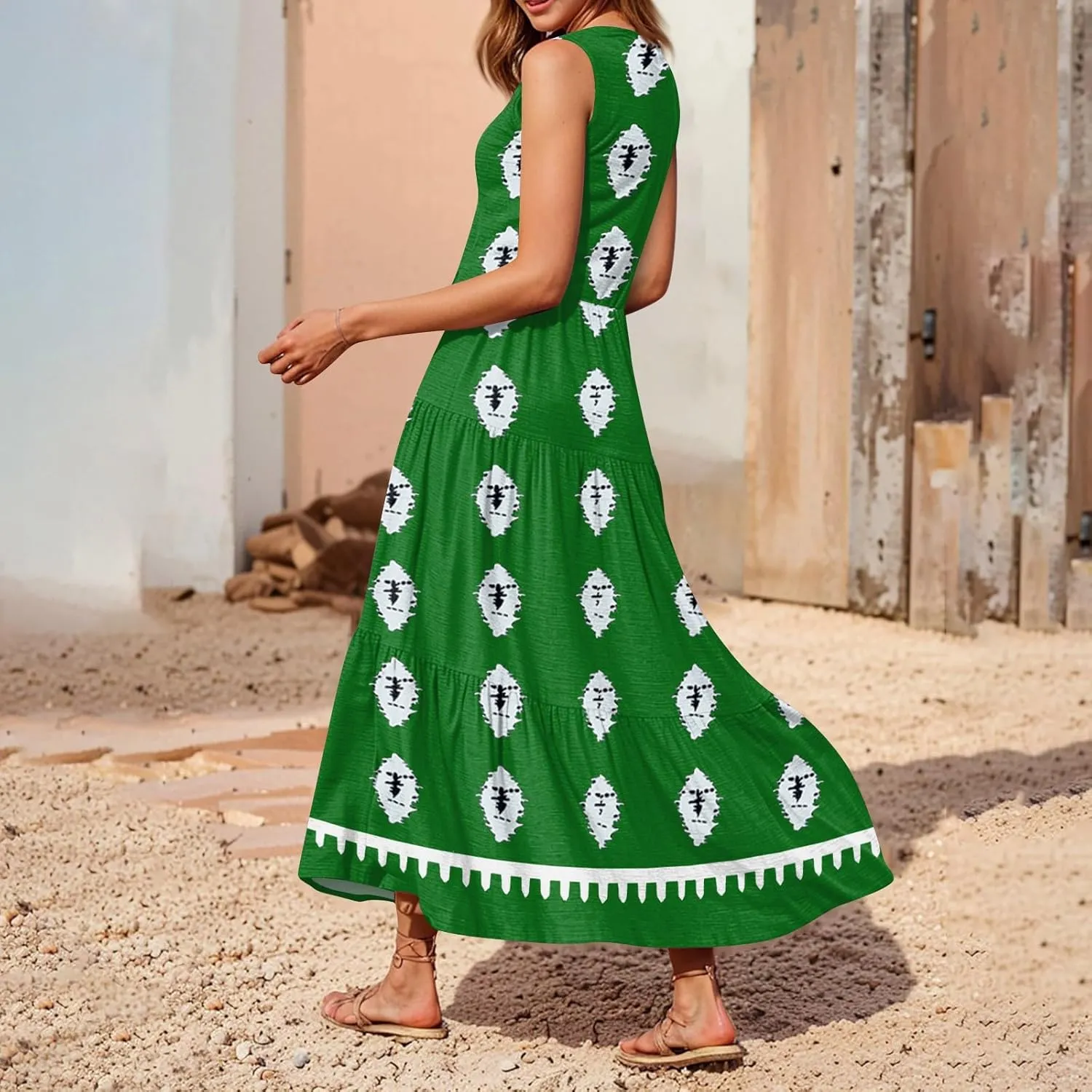 Womens Summer V Neck Sleeveless Beach Vacation Maxi Dresses Casual Layering Pleated Print Boho Dress