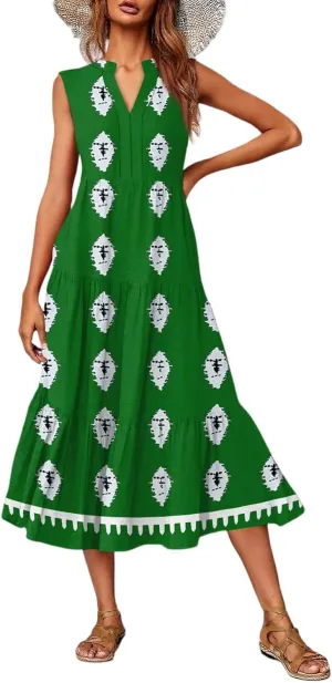 Womens Summer V Neck Sleeveless Beach Vacation Maxi Dresses Casual Layering Pleated Print Boho Dress