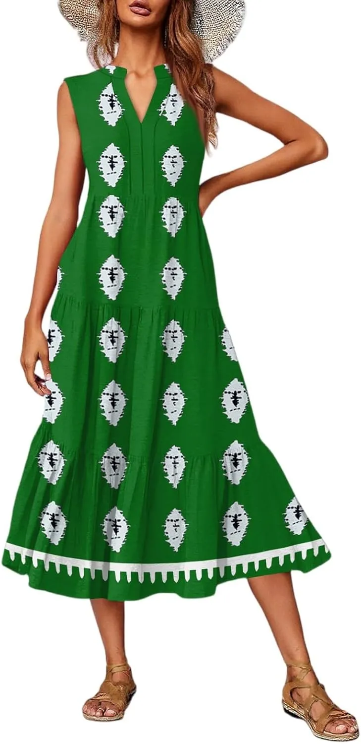 Womens Summer V Neck Sleeveless Beach Vacation Maxi Dresses Casual Layering Pleated Print Boho Dress