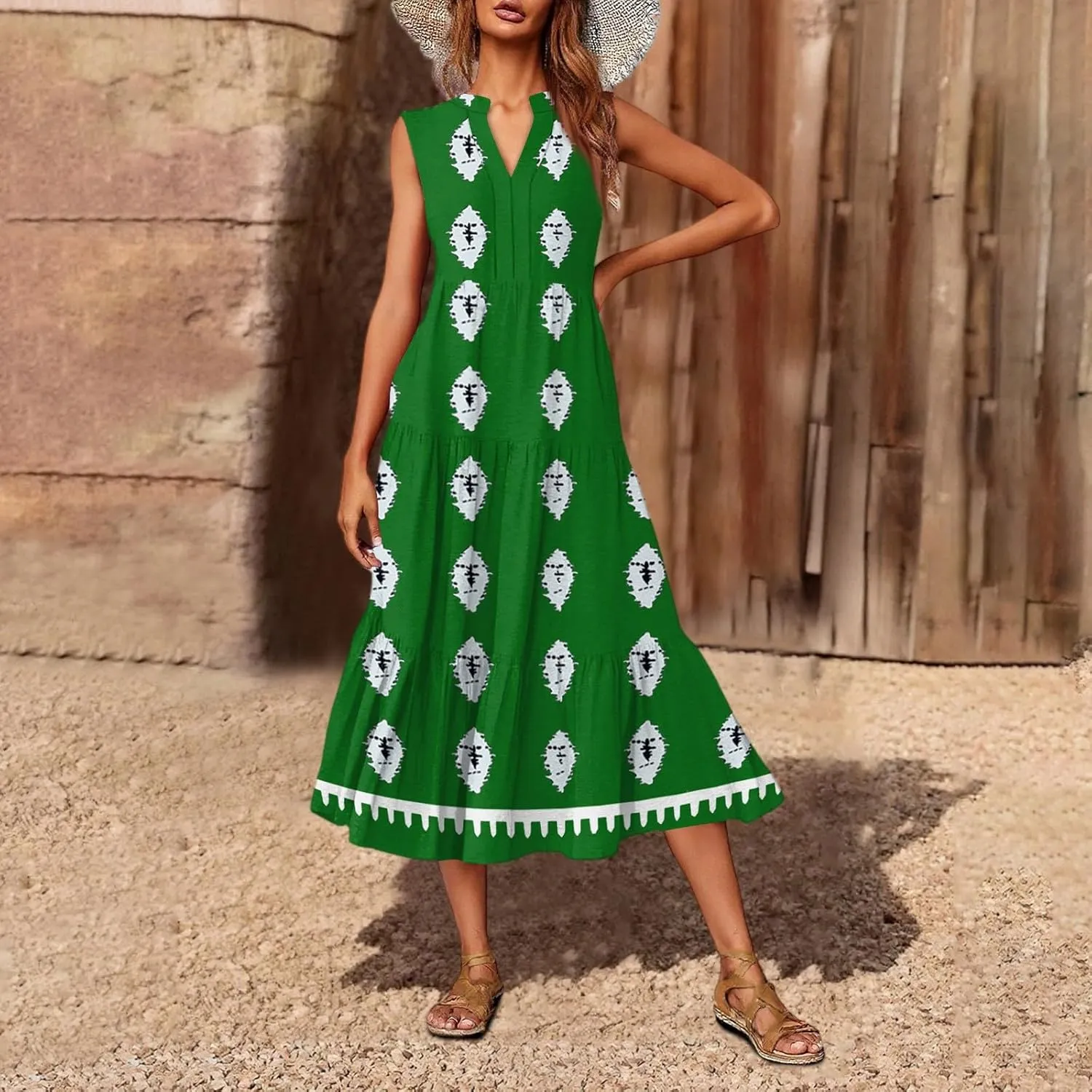 Womens Summer V Neck Sleeveless Beach Vacation Maxi Dresses Casual Layering Pleated Print Boho Dress