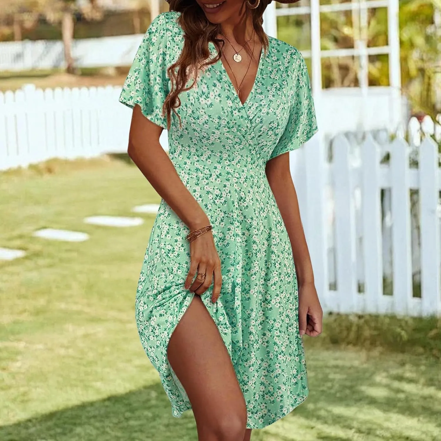 Womens Sundress Summer Floral Short Sleeve Dress Wrap V Neck A-Line Midi Dress Casual Vacation Dresses