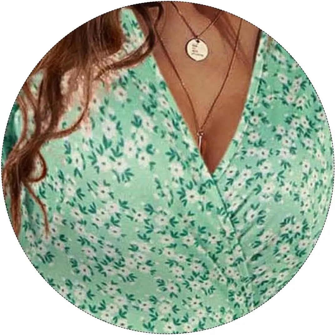 Womens Sundress Summer Floral Short Sleeve Dress Wrap V Neck A-Line Midi Dress Casual Vacation Dresses