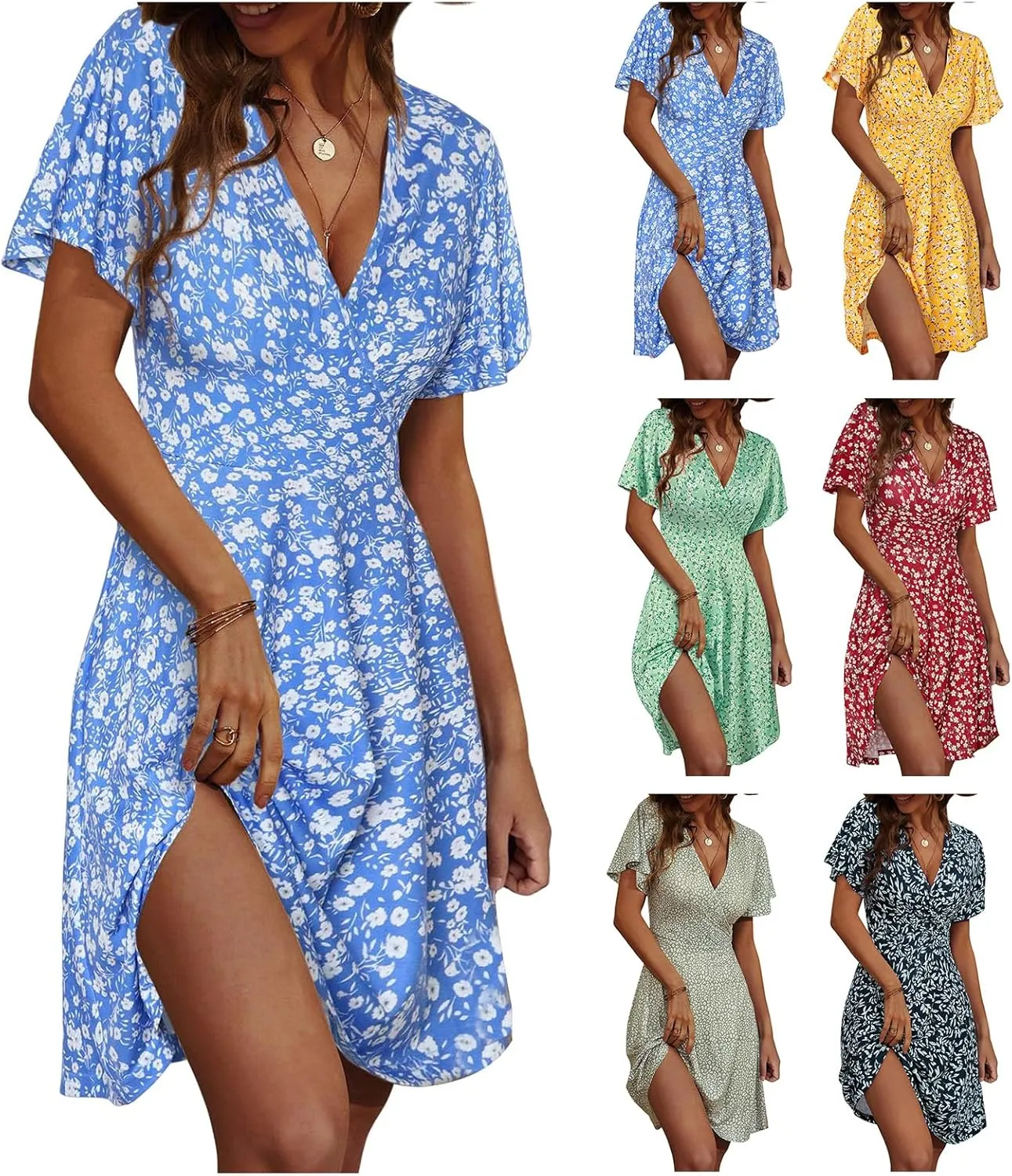Womens Sundress Summer Floral Short Sleeve Dress Wrap V Neck A-Line Midi Dress Casual Vacation Dresses