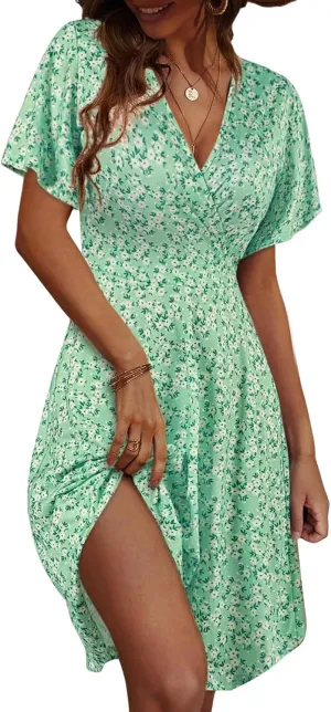 Womens Sundress Summer Floral Short Sleeve Dress Wrap V Neck A-Line Midi Dress Casual Vacation Dresses
