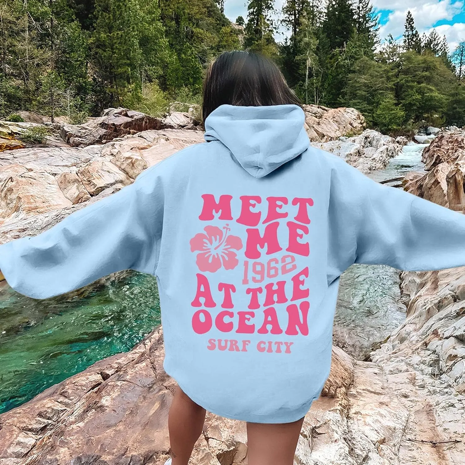 Womens Sweatshirt Graphic Hoodies Letter Print Casual Long Sleeve Drawstring Pullover Tops with Pocket, Medium