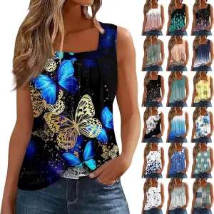 Womens Tops 2025 Ruffled Square Collar Tank Plus Size Floral Print Tank Tee Summer Casual Loose Sleeveless Shirt