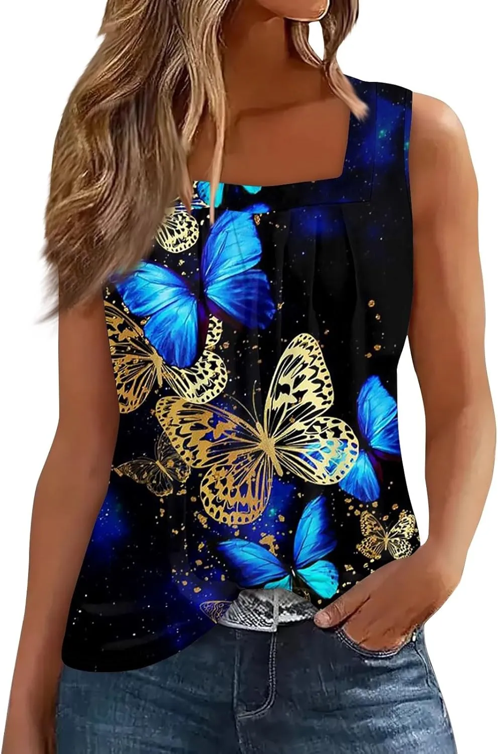 Womens Tops 2025 Ruffled Square Collar Tank Plus Size Floral Print Tank Tee Summer Casual Loose Sleeveless Shirt