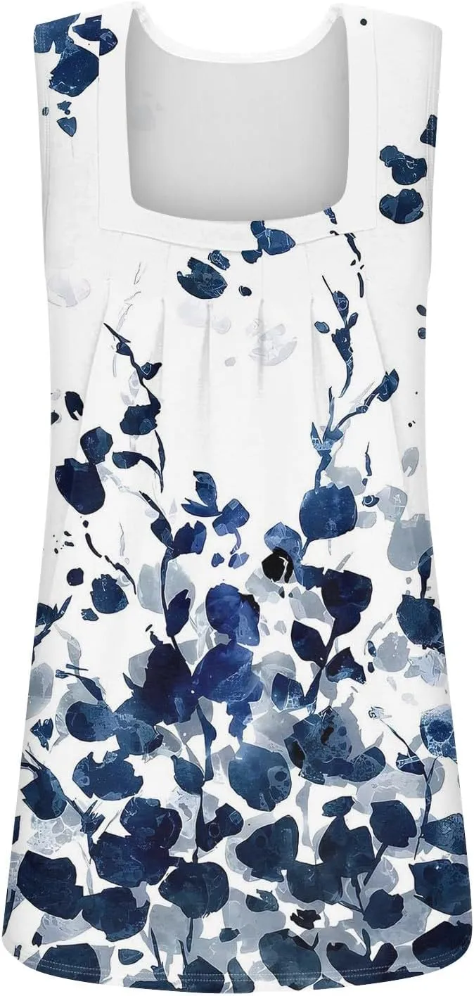 Womens Tops 2025 Ruffled Square Collar Tank Plus Size Floral Print Tank Tee Summer Casual Loose Sleeveless Shirt