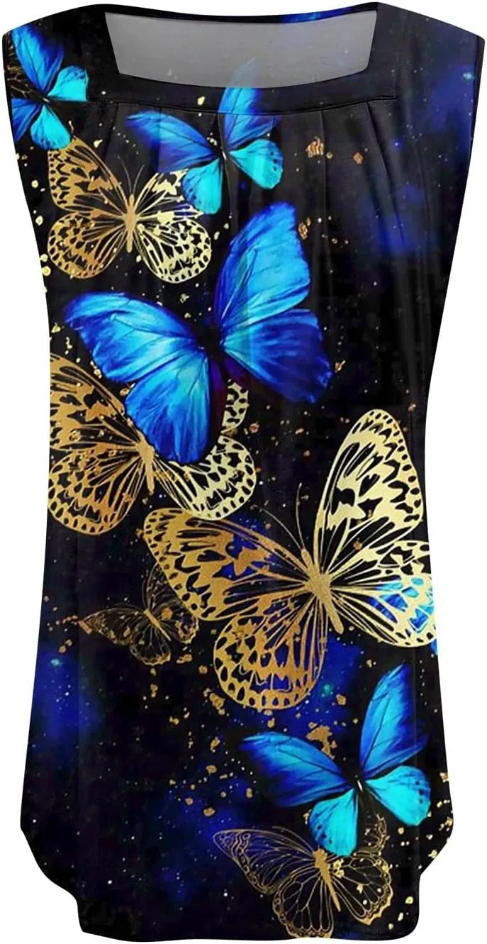 Womens Tops 2025 Ruffled Square Collar Tank Plus Size Floral Print Tank Tee Summer Casual Loose Sleeveless Shirt