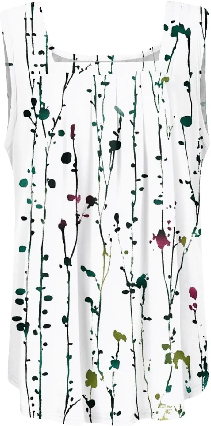 Womens Tops 2025 Ruffled Square Collar Tank Plus Size Floral Print Tank Tee Summer Casual Loose Sleeveless Shirt
