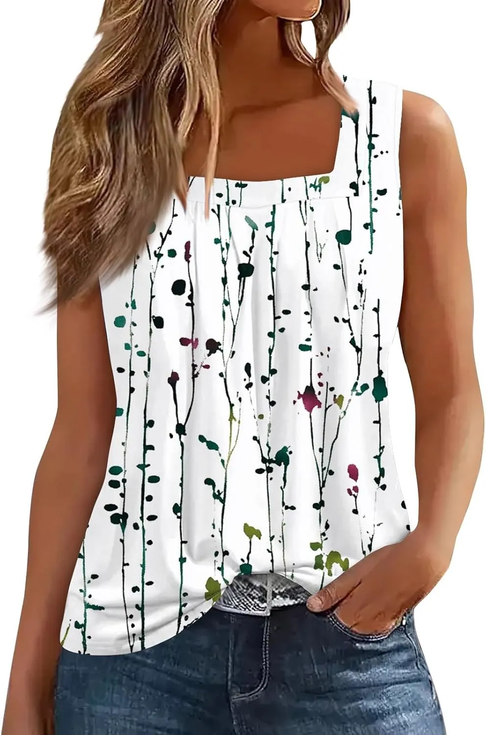 Womens Tops 2025 Ruffled Square Collar Tank Plus Size Floral Print Tank Tee Summer Casual Loose Sleeveless Shirt