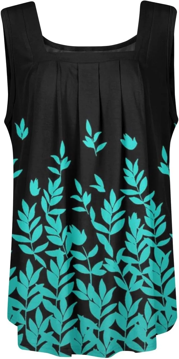Womens Tops 2025 Ruffled Square Collar Tank Plus Size Floral Print Tank Tee Summer Casual Loose Sleeveless Shirt