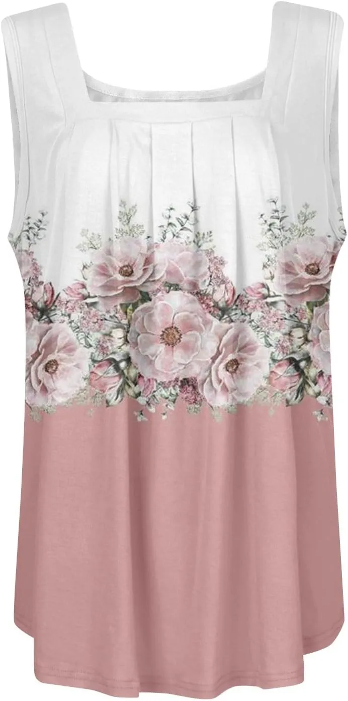 Womens Tops 2025 Ruffled Square Collar Tank Plus Size Floral Print Tank Tee Summer Casual Loose Sleeveless Shirt