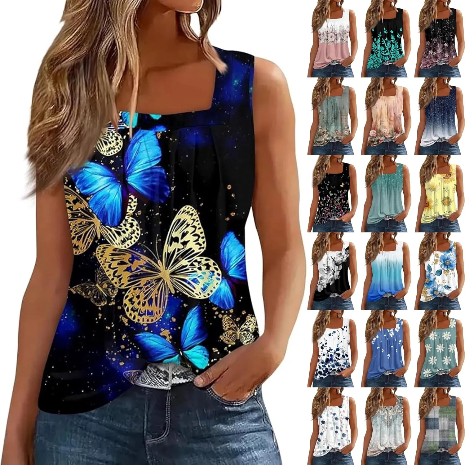 Womens Tops 2025 Ruffled Square Collar Tank Plus Size Floral Print Tank Tee Summer Casual Loose Sleeveless Shirt