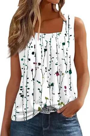 Womens Tops 2025 Ruffled Square Collar Tank Plus Size Floral Print Tank Tee Summer Casual Loose Sleeveless Shirt