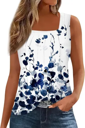 Womens Tops 2025 Ruffled Square Collar Tank Plus Size Floral Print Tank Tee Summer Casual Loose Sleeveless Shirt