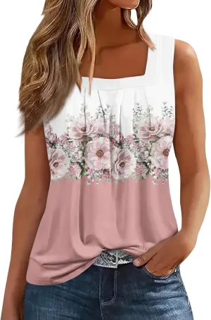 Womens Tops 2025 Ruffled Square Collar Tank Plus Size Floral Print Tank Tee Summer Casual Loose Sleeveless Shirt