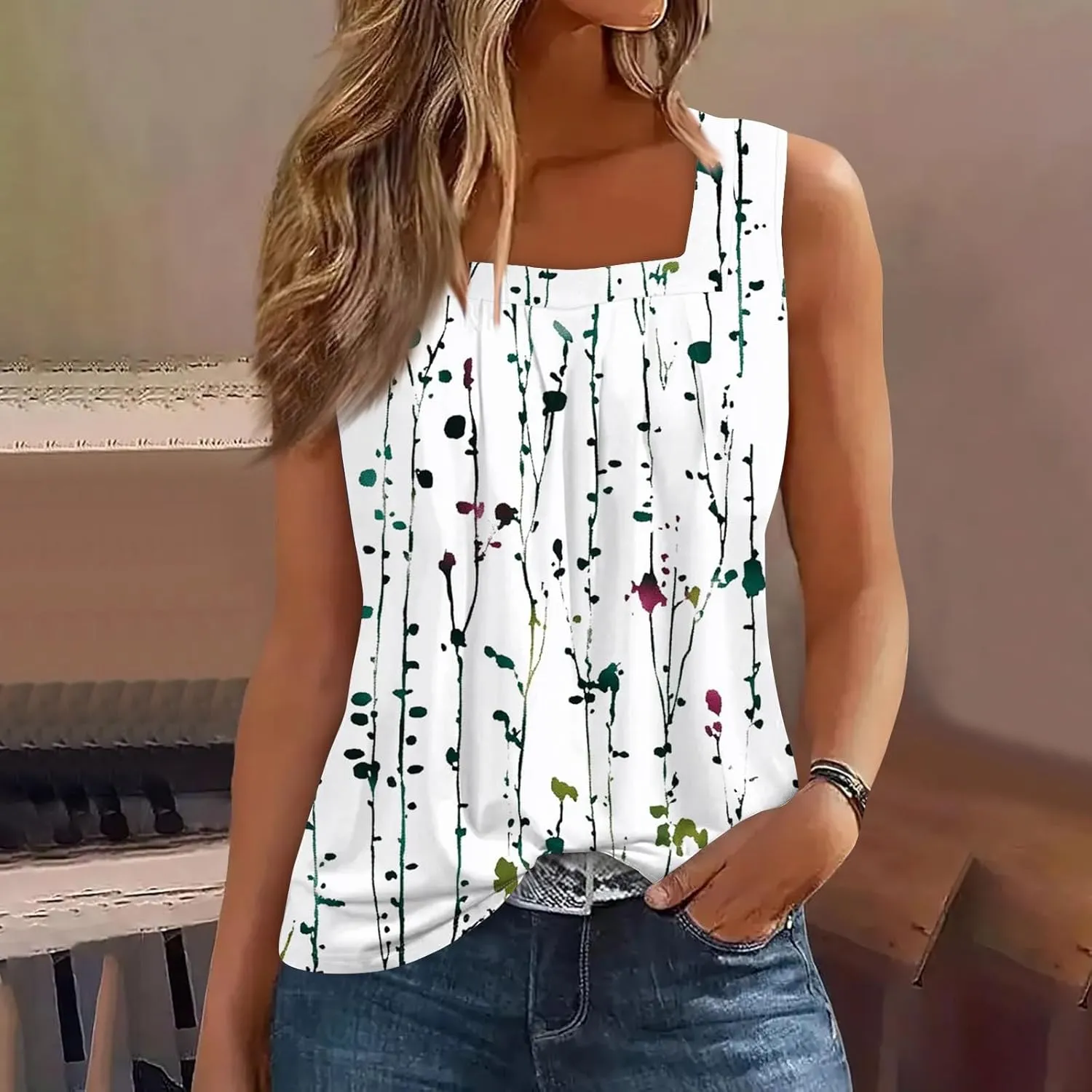 Womens Tops 2025 Ruffled Square Collar Tank Plus Size Floral Print Tank Tee Summer Casual Loose Sleeveless Shirt