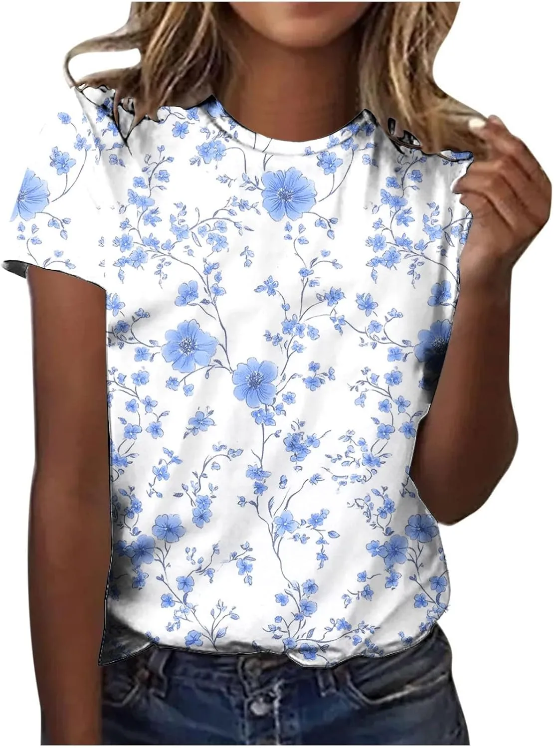 Womens Tops Dressy Casual Short Sleeve Shirts Retro Cute Floral Print Tshirt Tunic Pullover Petite Blouse 2025 Spring