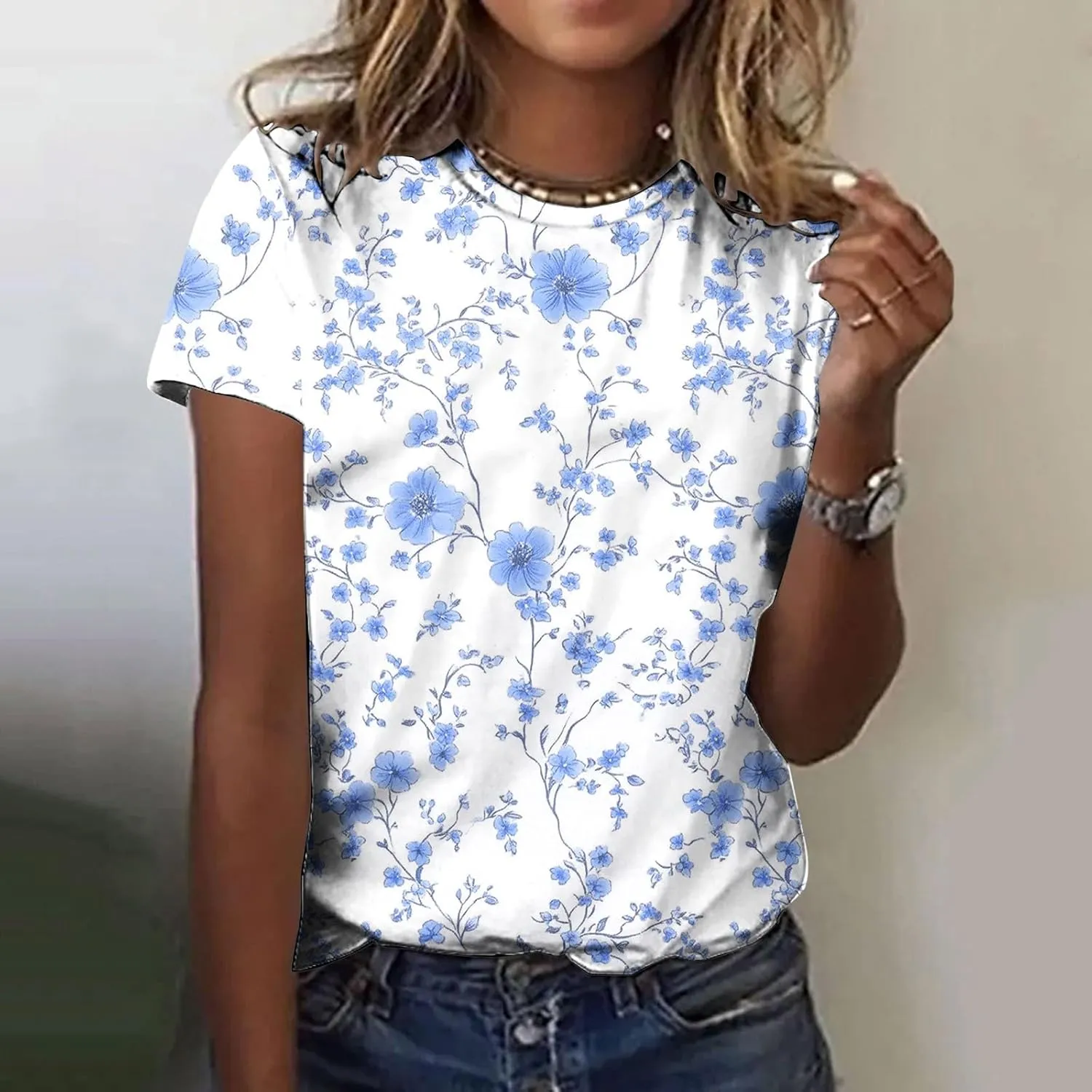 Womens Tops Dressy Casual Short Sleeve Shirts Retro Cute Floral Print Tshirt Tunic Pullover Petite Blouse 2025 Spring