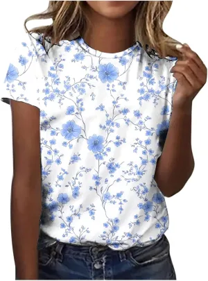 Womens Tops Dressy Casual Short Sleeve Shirts Retro Cute Floral Print Tshirt Tunic Pullover Petite Blouse 2025 Spring