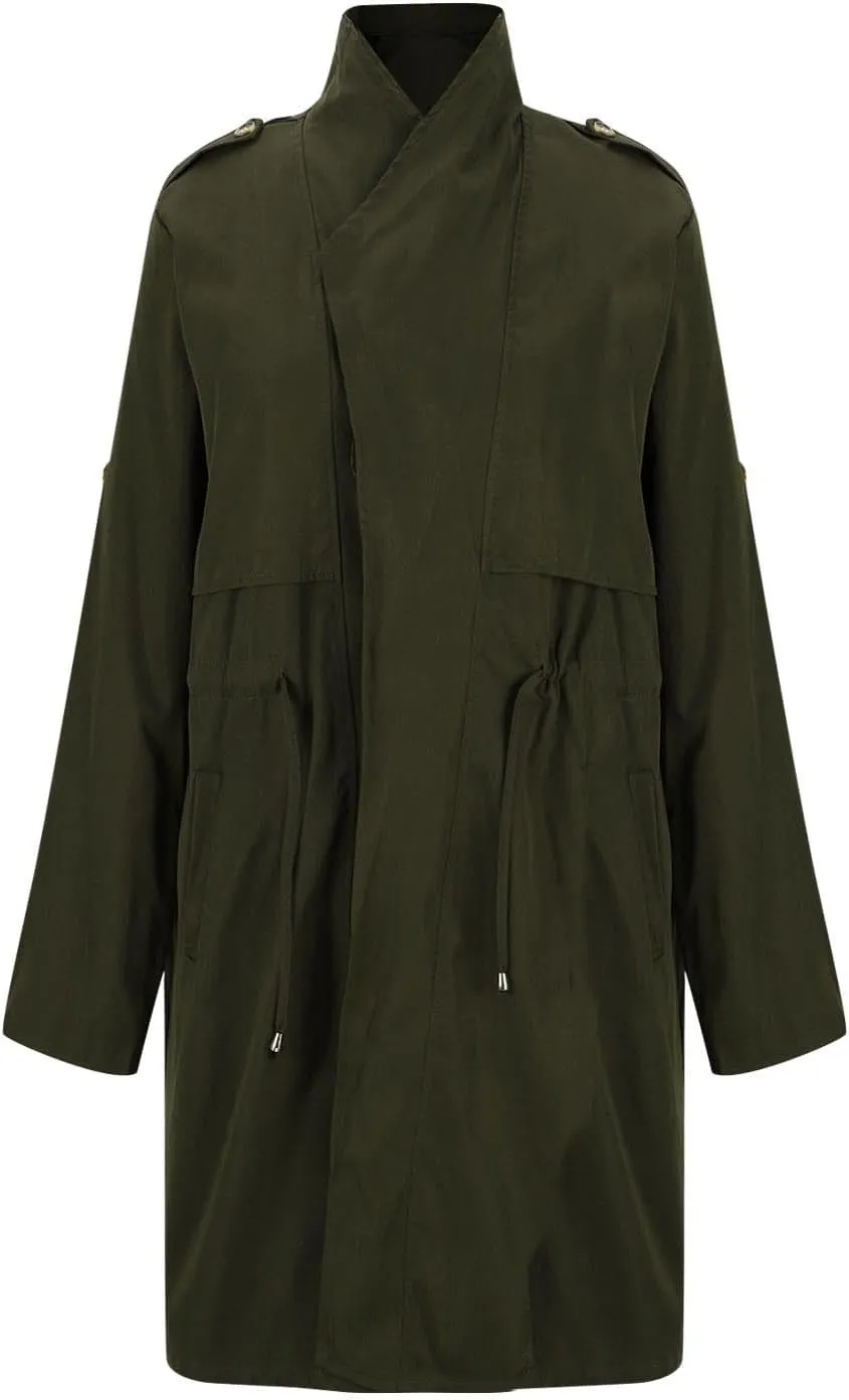 Womens Trench Coat Rolled-up Sleeves Loose Waist Jackets Mid-length Long Sleeve Windproof Coat Outerwear