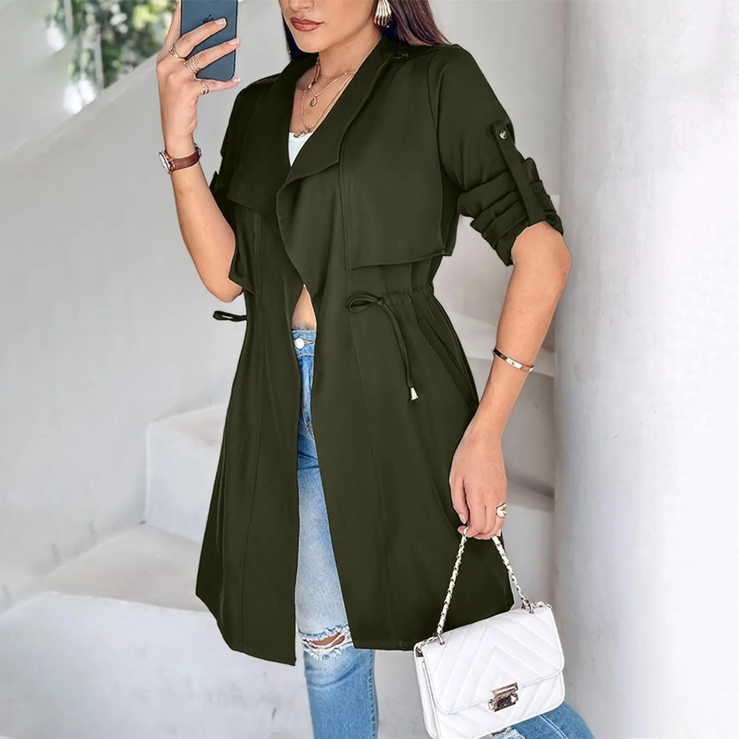 Womens Trench Coat Rolled-up Sleeves Loose Waist Jackets Mid-length Long Sleeve Windproof Coat Outerwear