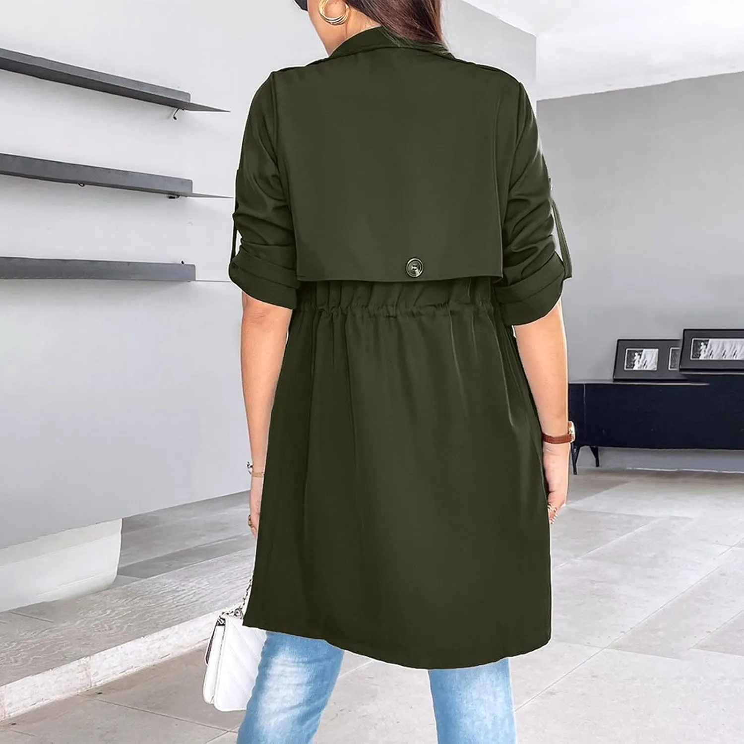 Womens Trench Coat Rolled-up Sleeves Loose Waist Jackets Mid-length Long Sleeve Windproof Coat Outerwear