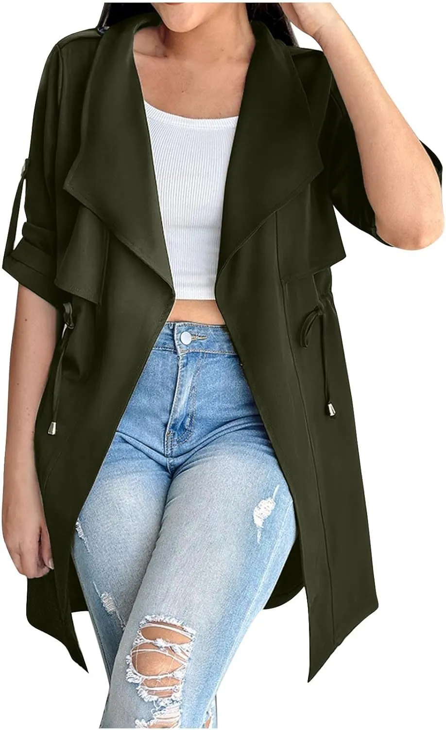 Womens Trench Coat Rolled-up Sleeves Loose Waist Jackets Mid-length Long Sleeve Windproof Coat Outerwear