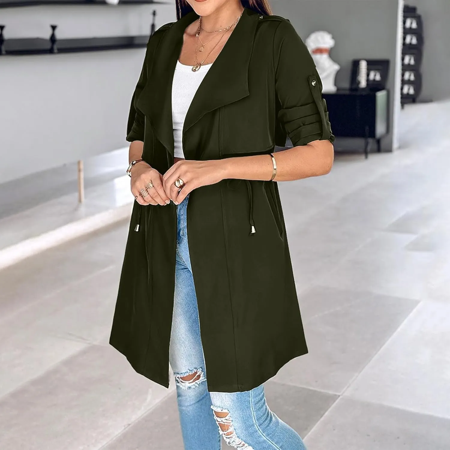 Womens Trench Coat Rolled-up Sleeves Loose Waist Jackets Mid-length Long Sleeve Windproof Coat Outerwear