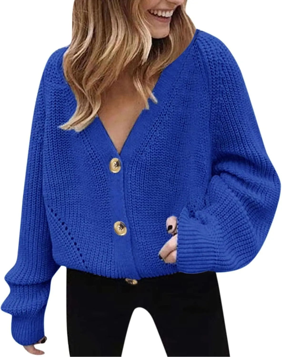 Womens Trendy Sweater Fall Vintage Thick Knitted V Neck Buttoned Long Sleeve Tunics Hollow Out Crochet Party Cardigan