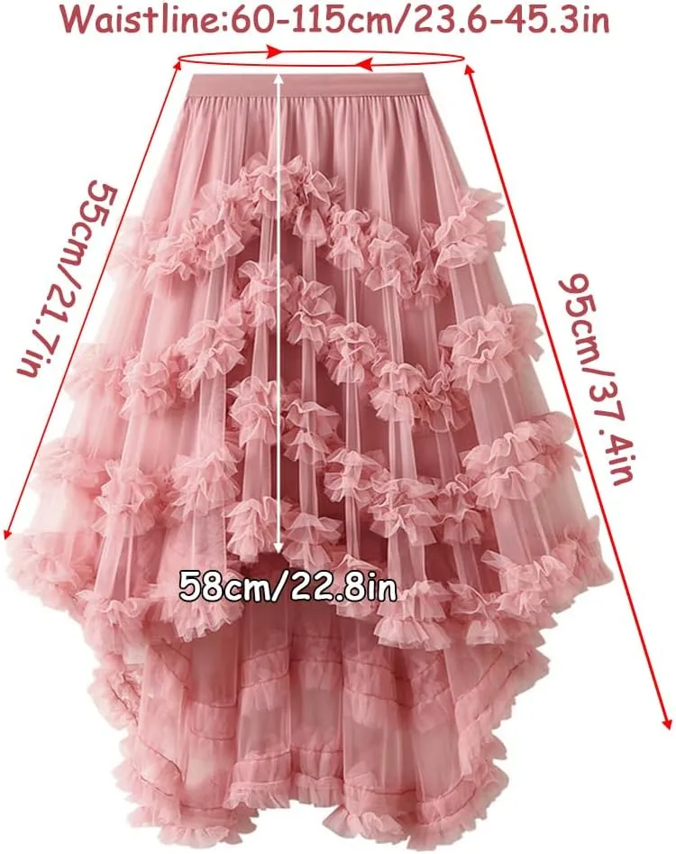Women's Tulle Skirt, Ruffle Elastic Waist Midi Skirt Fairy Costume Asymmetrical Pleated Tutu Skirt A-Line Midi Skirt, Black
