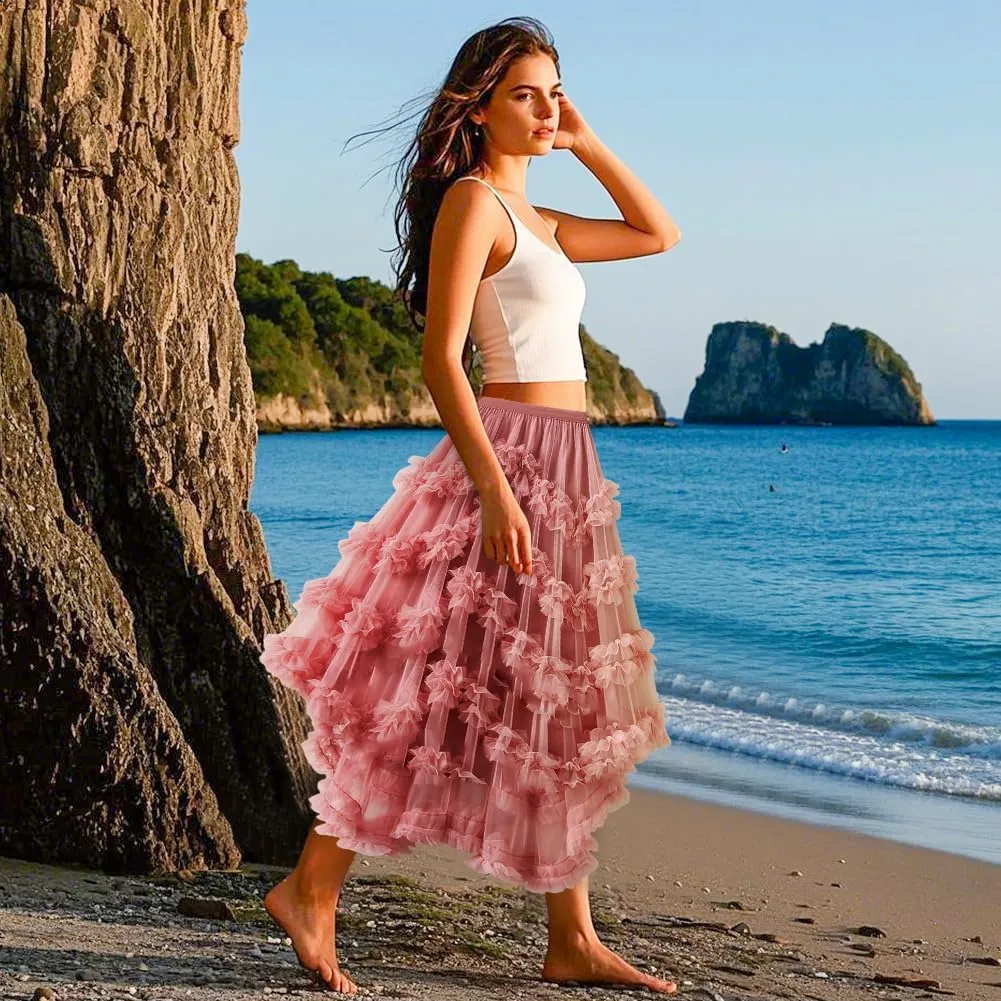 Women's Tulle Skirt, Ruffle Elastic Waist Midi Skirt Fairy Costume Asymmetrical Pleated Tutu Skirt A-Line Midi Skirt, Black