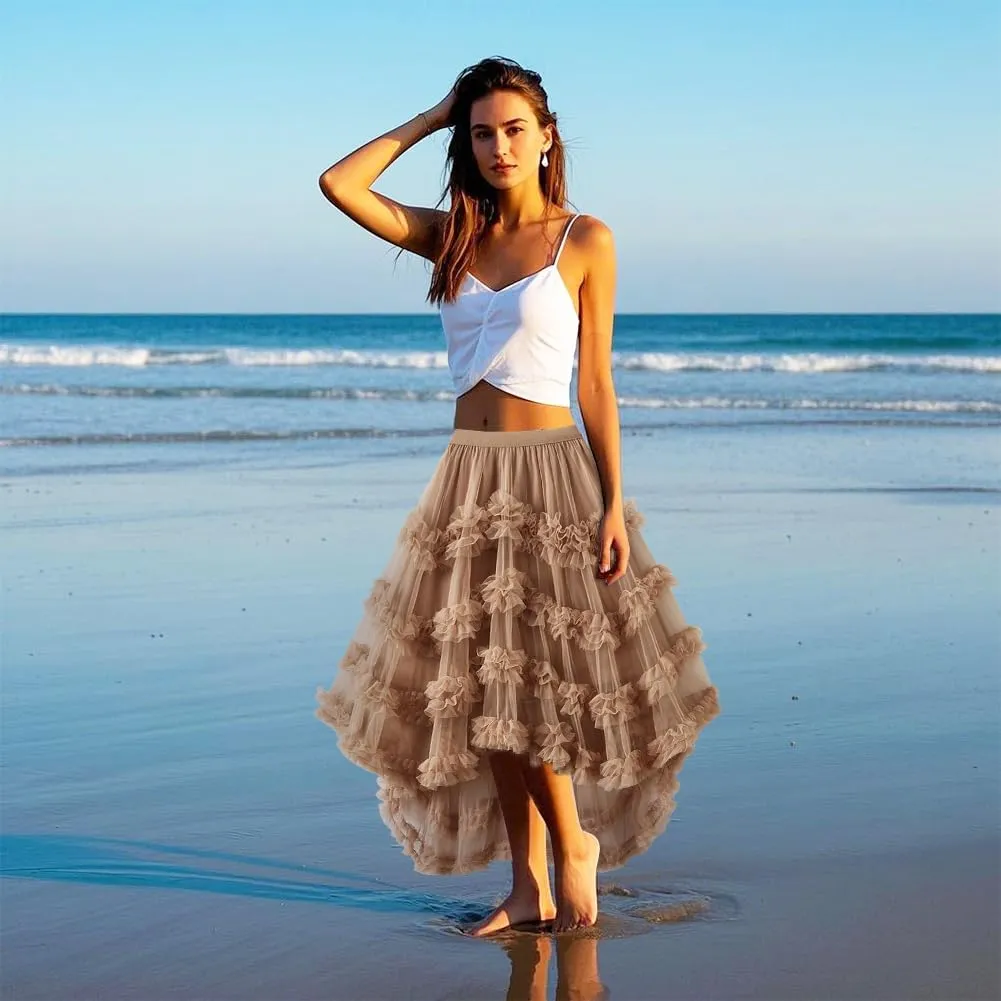 Women's Tulle Skirt, Ruffle Elastic Waist Midi Skirt Fairy Costume Asymmetrical Pleated Tutu Skirt A-Line Midi Skirt, Black